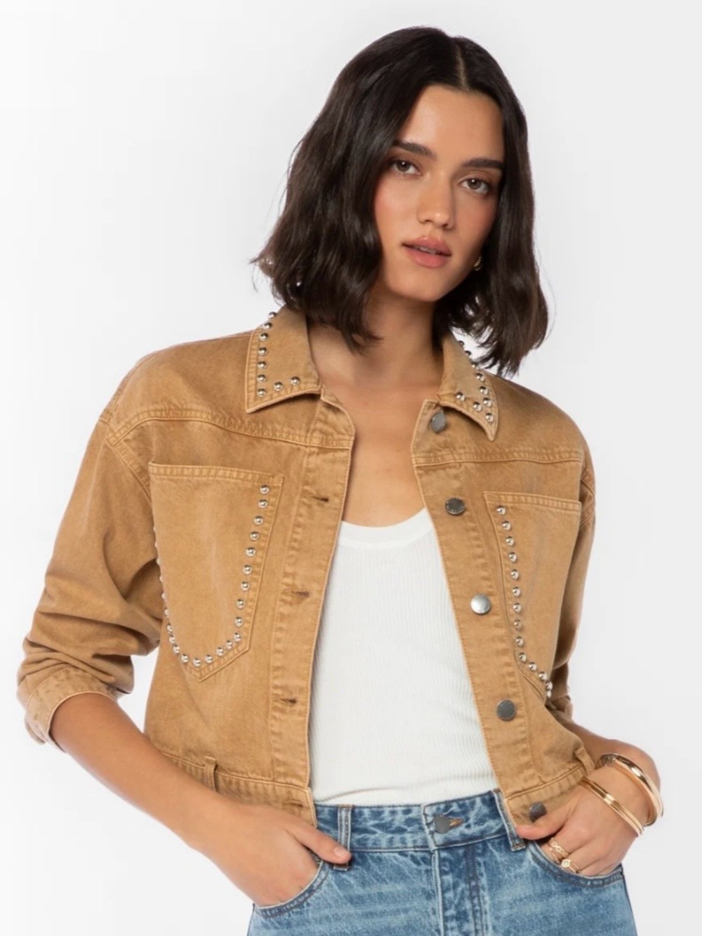Velvet Heart Tan Stud-Trim Denim Jacket